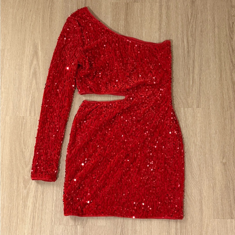 Red Sequin One-Shoulder Dress